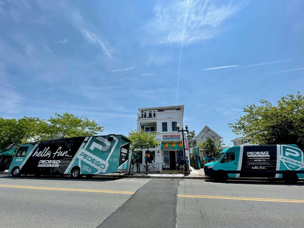 Pedego Ocean City, New Jersey storefront with the Hello Fun Mobile outside. 