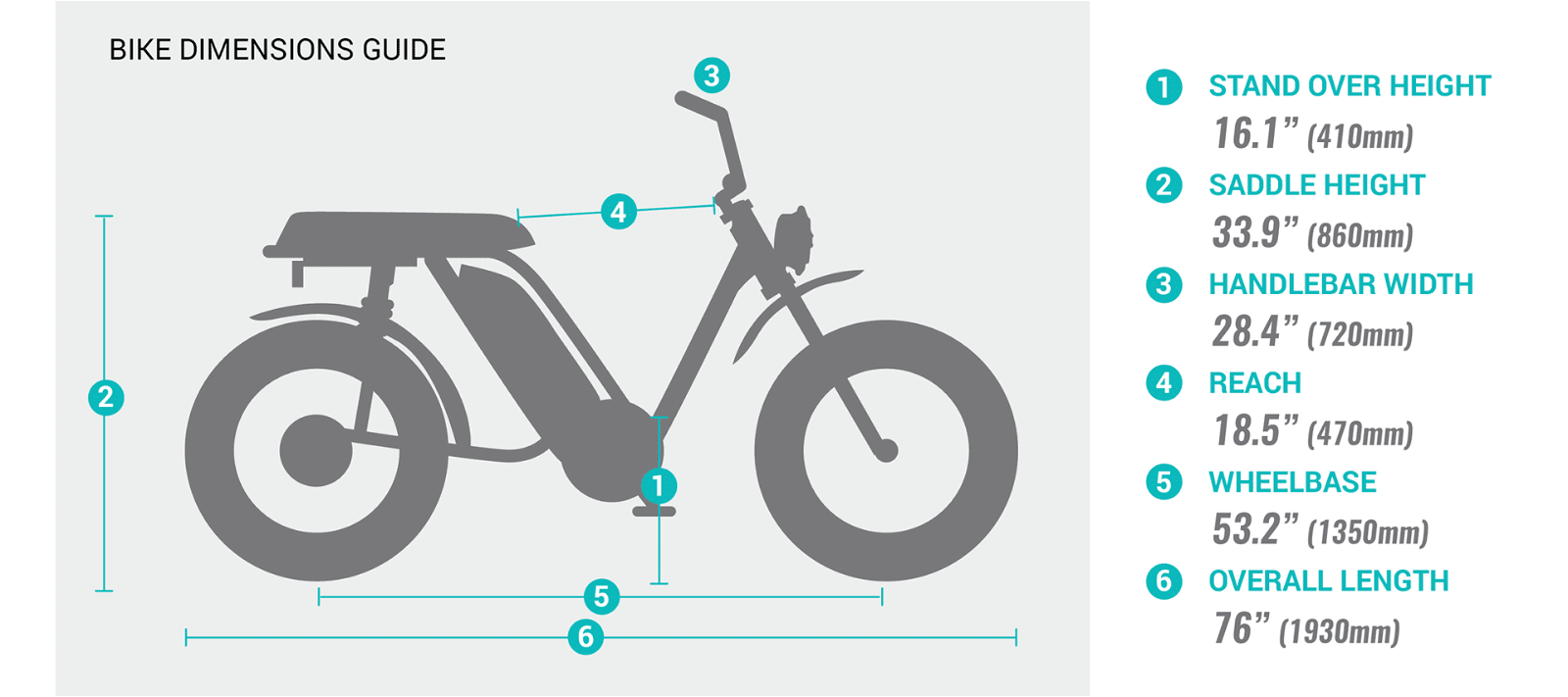 Pedego- Illustration of a Moto - The Duel Sport Ebike with labels and measurements indicating the various dimensions of the bike parts.