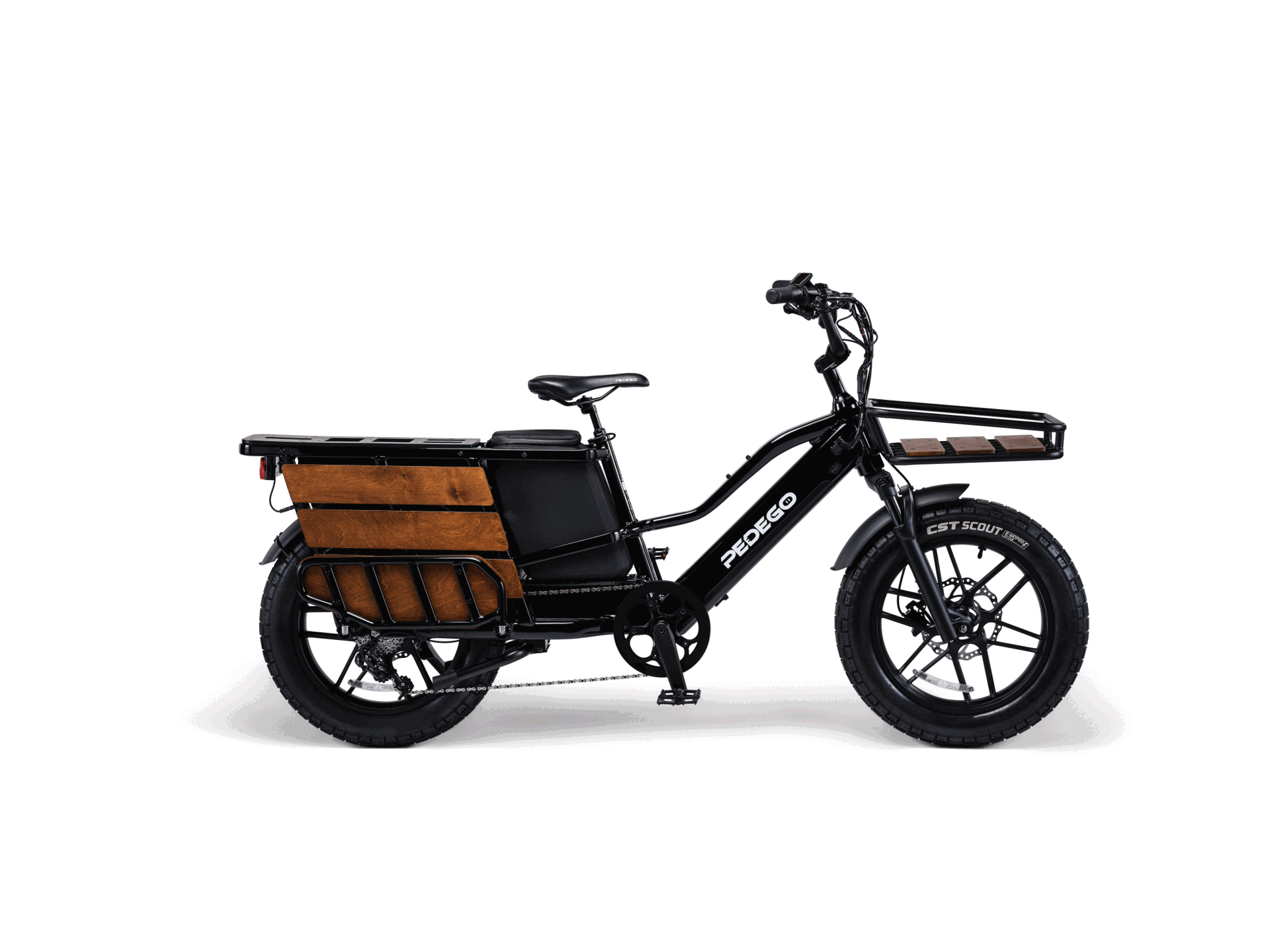 Pedego- Black electric CARGO bike with wooden side panels on a white background.