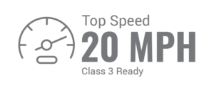 Pedego- Graphic illustrating a speedometer with the text "top speed 20 mph, class 3 ready" on a green background.