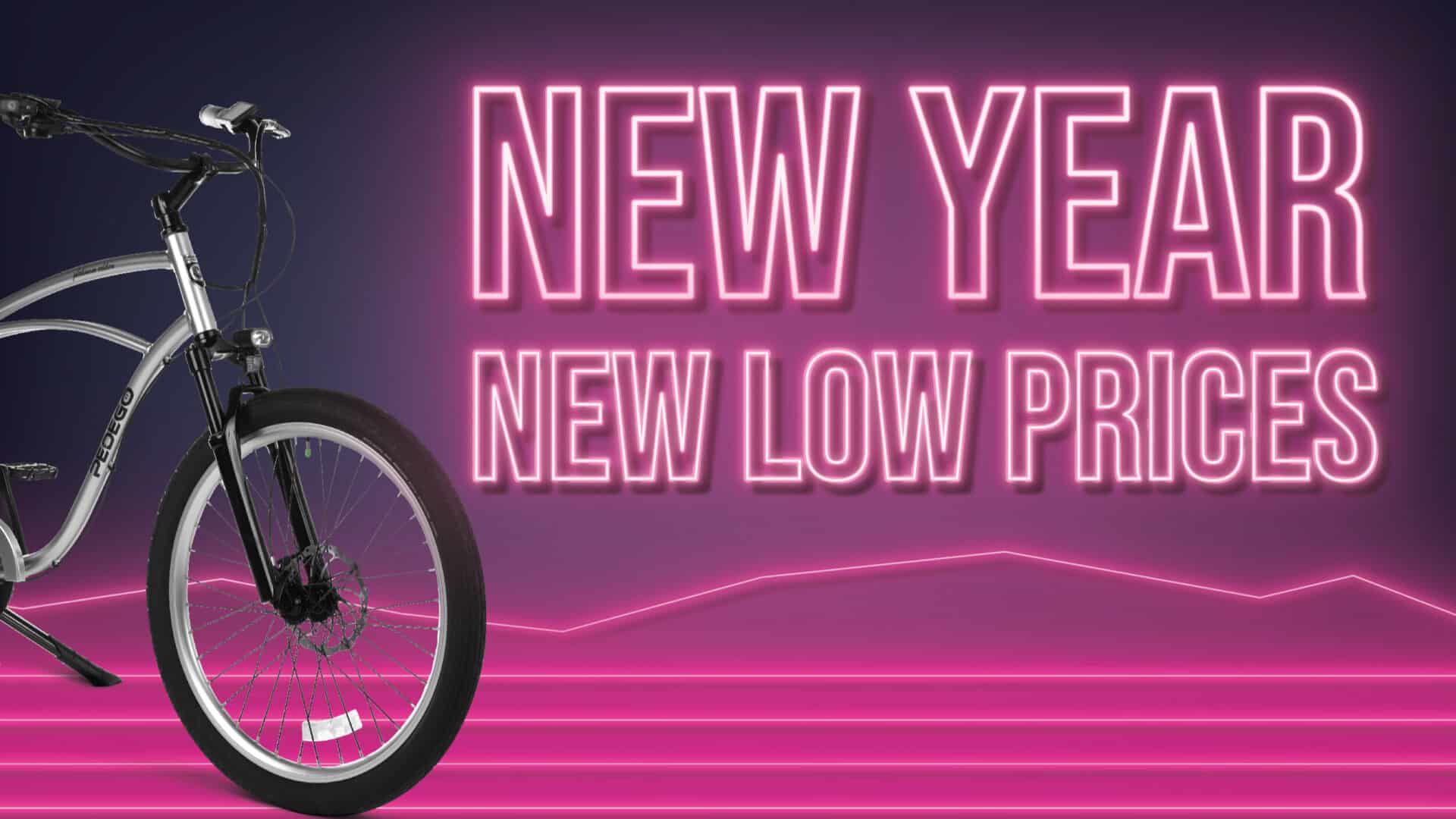 Pedego- Neon pink text reads "New Year, New Low Prices" alongside a partial view of an electric bicycle on the left. The background features a glowing pink grid.